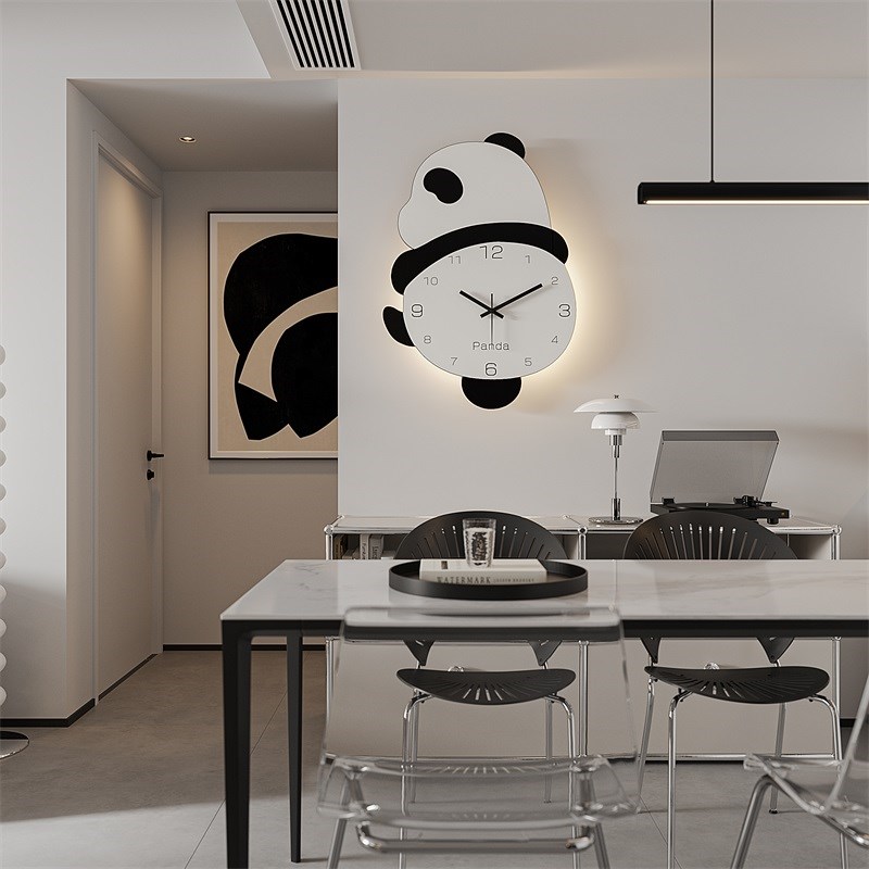 可爱熊猫b挂钟客厅简约现代创意个性时钟挂表高级感挂墙时钟