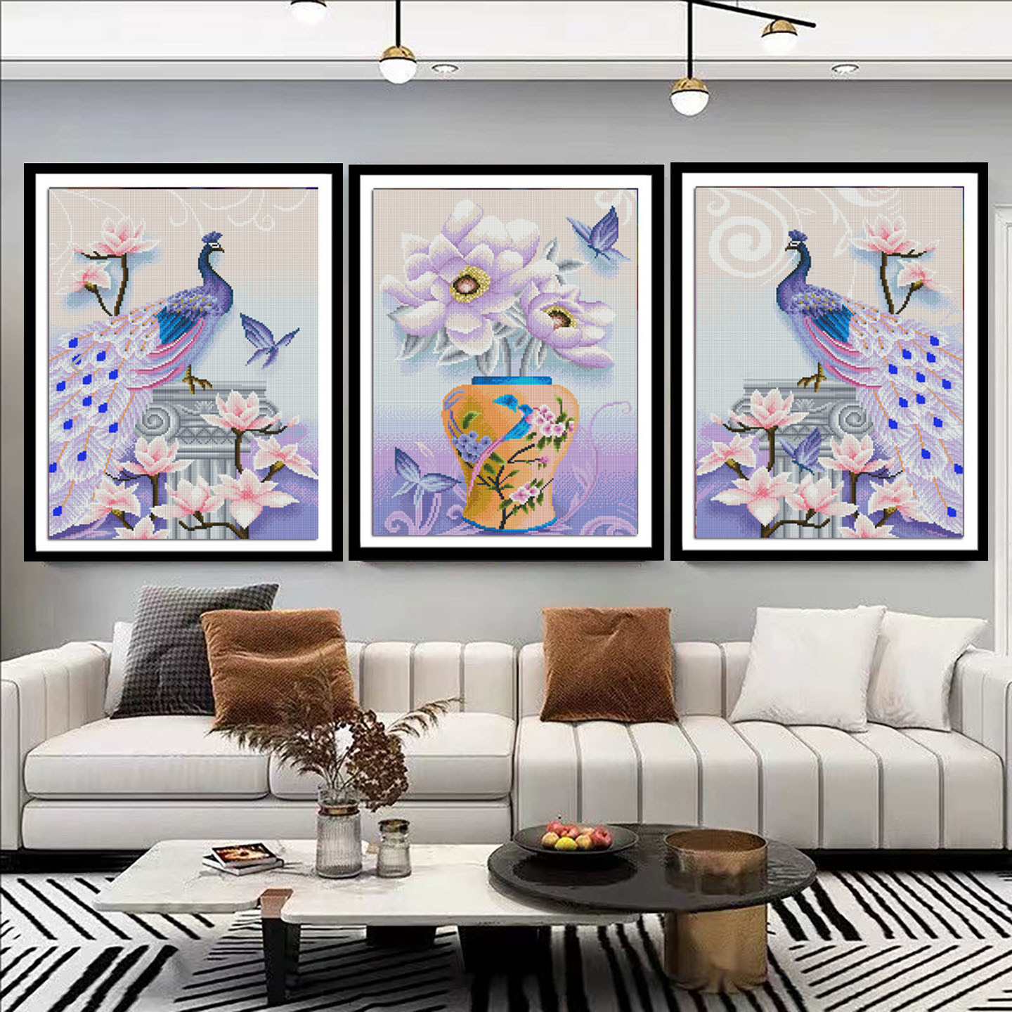 【花田错】三联钻石画满钻孔雀花卉客厅背景墙手工贴钻装饰画
