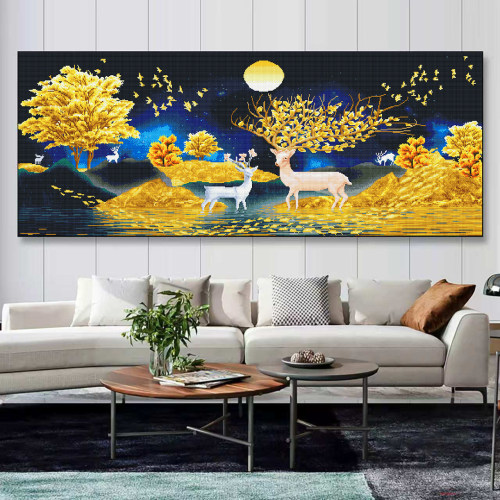 【花田错】满钻钻石画客厅沙发背景墙麋鹿发财树手工钻石贴画点图