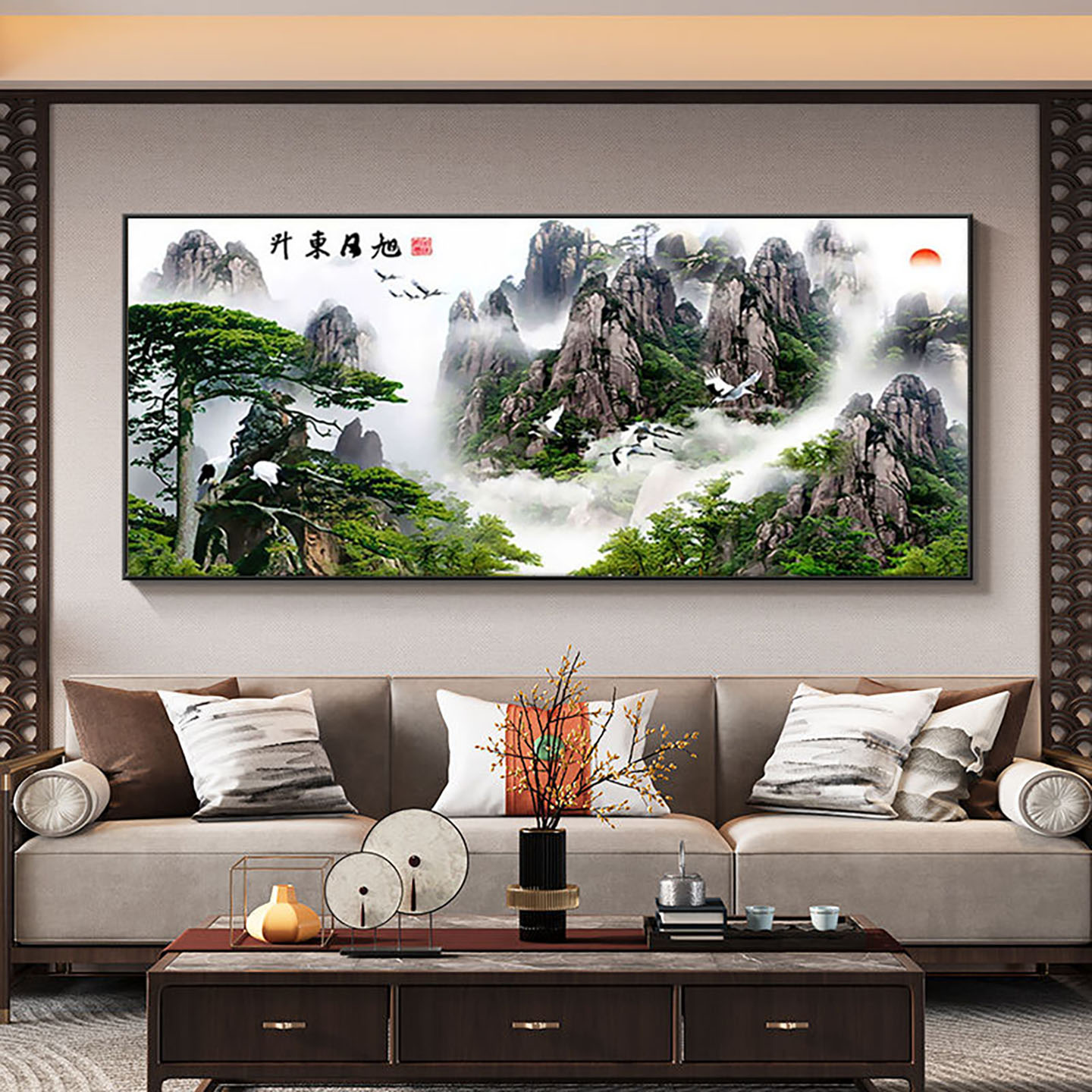 新中式旭日东升钻石画满钻新款客厅山水风景画点贴钻十字绣钻石绣