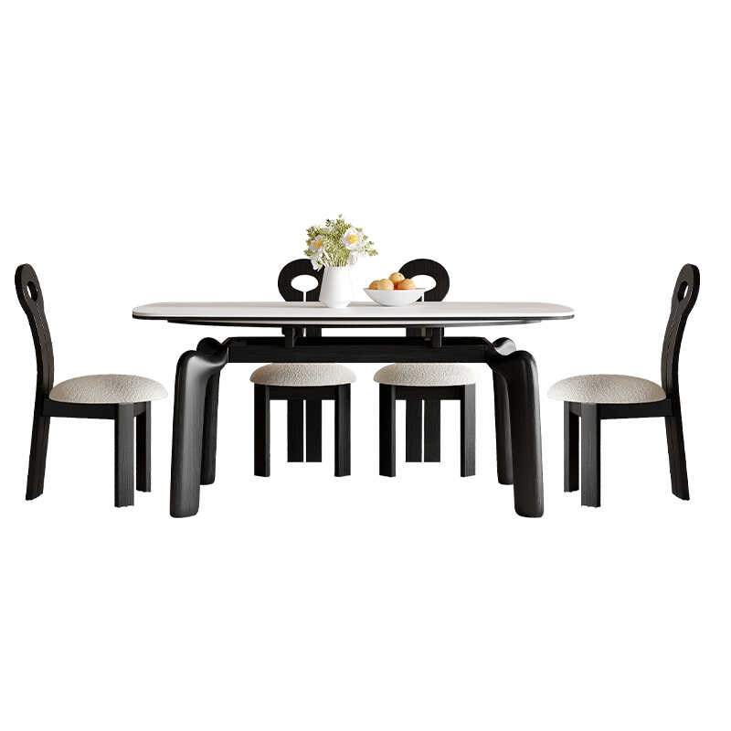 奶油风实木伸缩岩板餐桌现代小户型白蜡木可变圆形餐桌椅