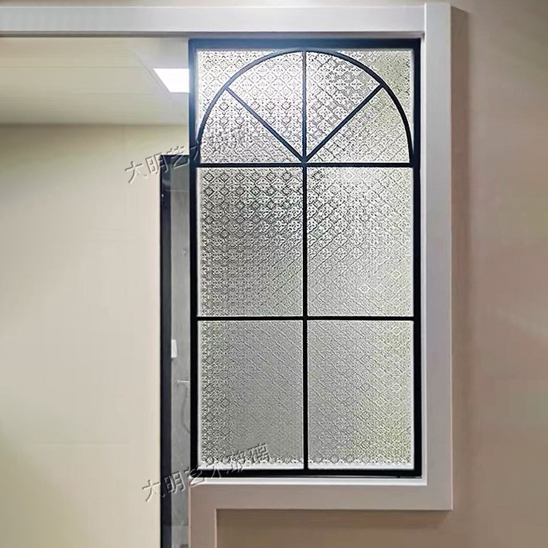 法式复古海棠花压花艺术玻璃隔断屏风客厅玄关入户门遮挡拱形窗户