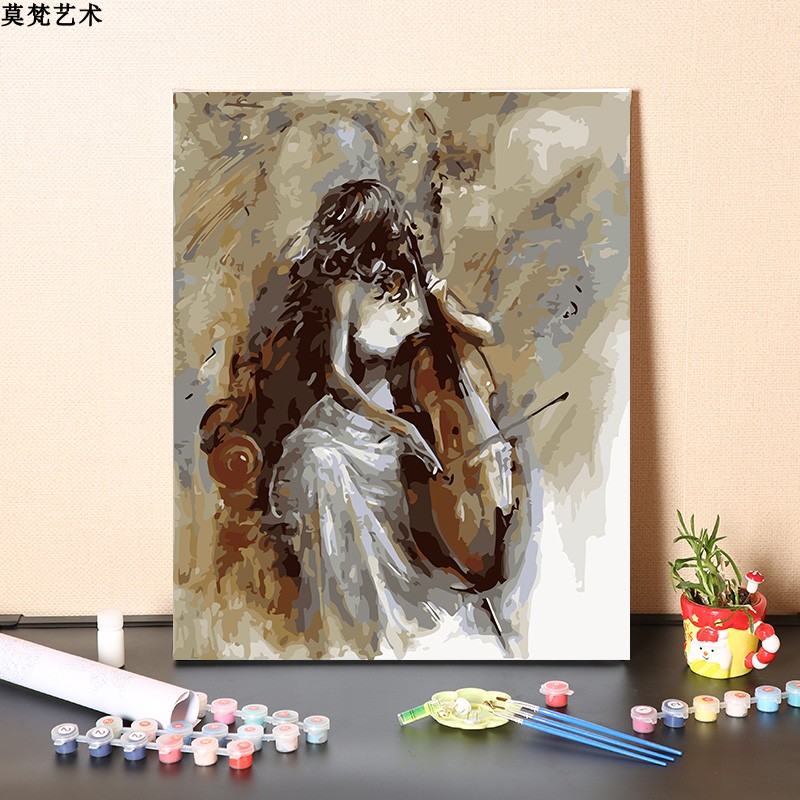 数字油画diy填充油彩画欧式大提琴艺术展厅装饰画手工丙烯涂色画图片
