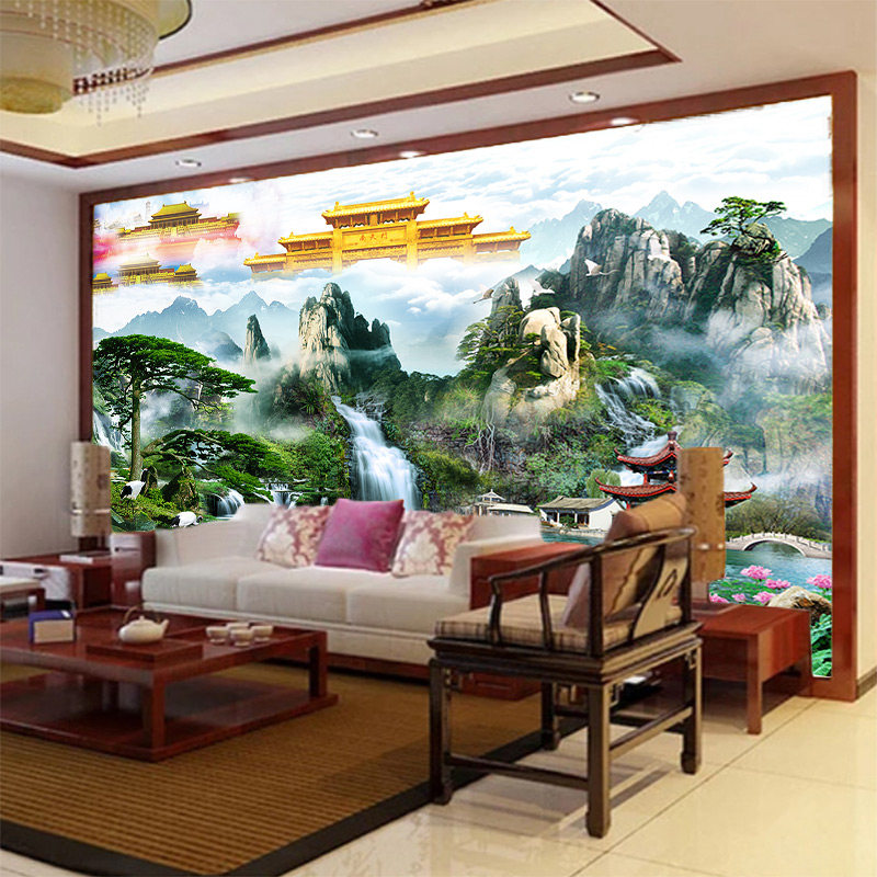 仙境墙纸老松树鹤瀑布亭台楼阁小桥流水山风景神画南天门壁纸,家装主材,定制壁画,淘宝优惠券,粉丝福利购,淘宝优惠卷