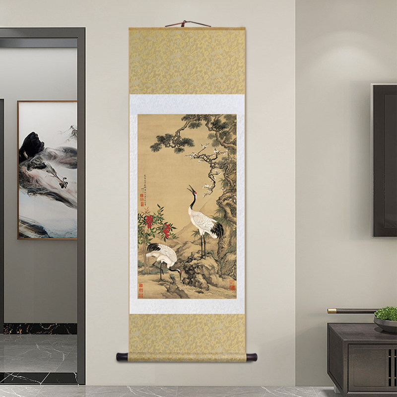 名家沈铨松梅鹤图卷轴挂画仙鹤图立轴装饰画玄关画书房茶室壁画,家居饰品,国画,淘宝优惠券,粉丝福利购,淘宝优惠卷