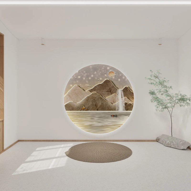 现代轻奢卧室床头装饰画高档山水风景发光圆形壁画别墅主人房壁纸图片