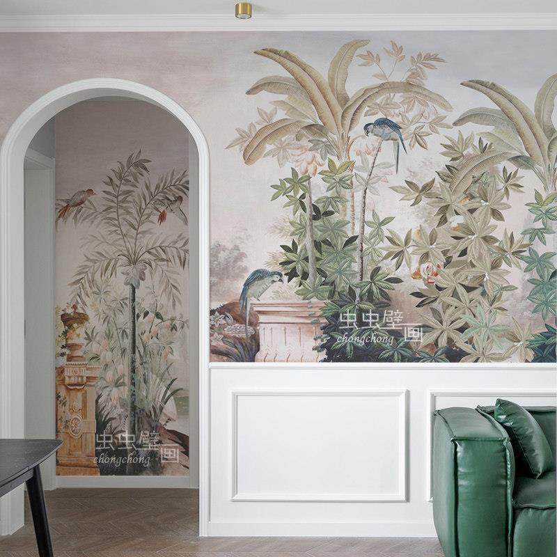 欧法式油画宫廷热带雨林卧室沙发电视背景墙布壁纸复中古玄关定制