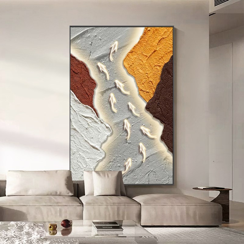 轻奢肌理客厅挂画抽象Tirart手绘油画《九鱼图》玄关背景墙装饰画图片