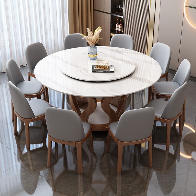 实木岩板餐桌椅现代高端小户型圆形家用圆桌带转盘吃饭桌