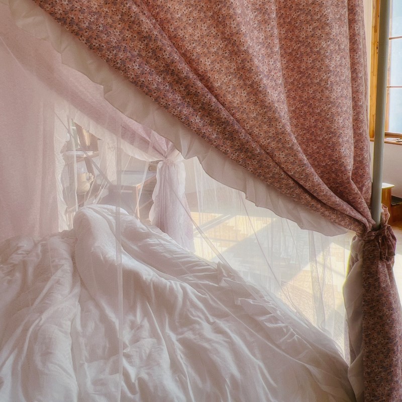 宫廷家用卧室宿舍双层蚊帐床帘一体式床幔防尘顶遮光花边布帘挡风