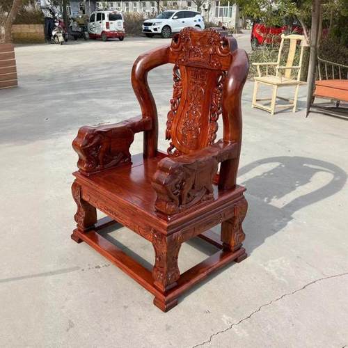 中式全实木宝座北方老榆木彷古雕花主人椅吉象牡丹单人扶手老板椅