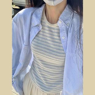 港风chic别致小众法式 2025新款 女夏季 新款 高品 蓝色条纹防晒衣衬衫