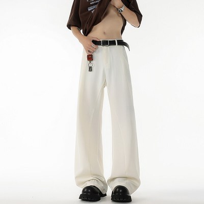 卡其色复古弯刀直筒裤子男2025新款夏季加长微喇西裤高个子拖地裤