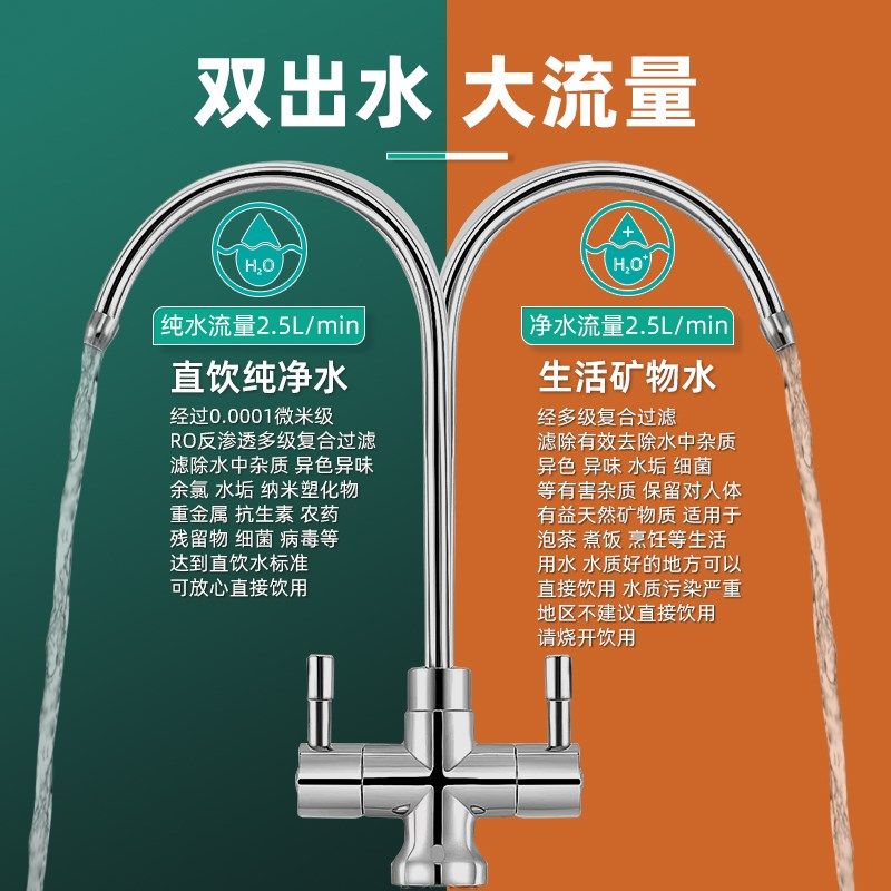 2024新款净水器双出水RO反渗透家用直饮机厨房自来水不插电0废水