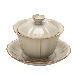 陶瓷茶壶家用泡茶 米黄汝窑三才盖碗茶壶家用客厅开片高档复古中式