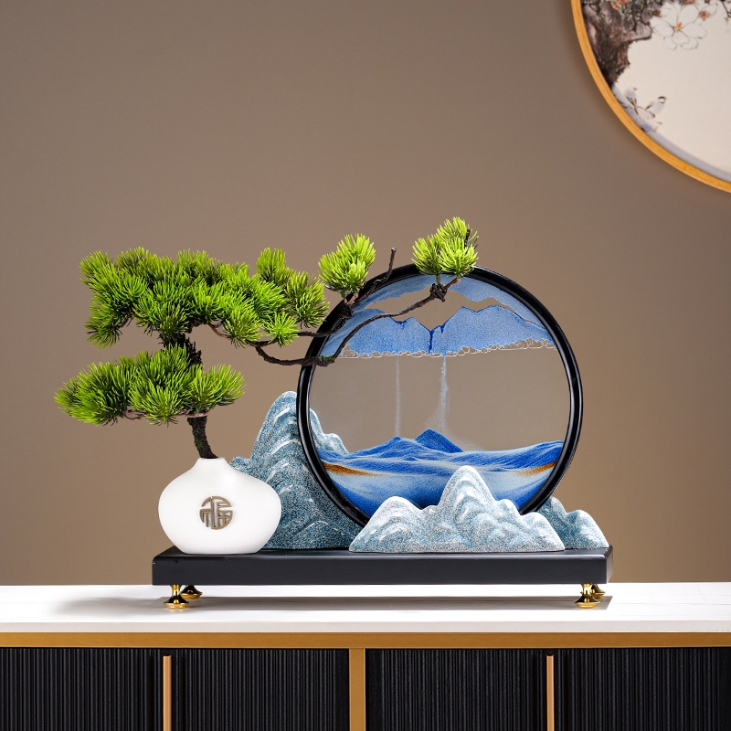 创意迎客松流沙画摆件新中式客厅玄关办公室轻奢高档茶室软装饰品图片