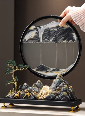 新中式办公室流水生财假山流沙画摆件高端客厅玄关装饰品乔迁礼物