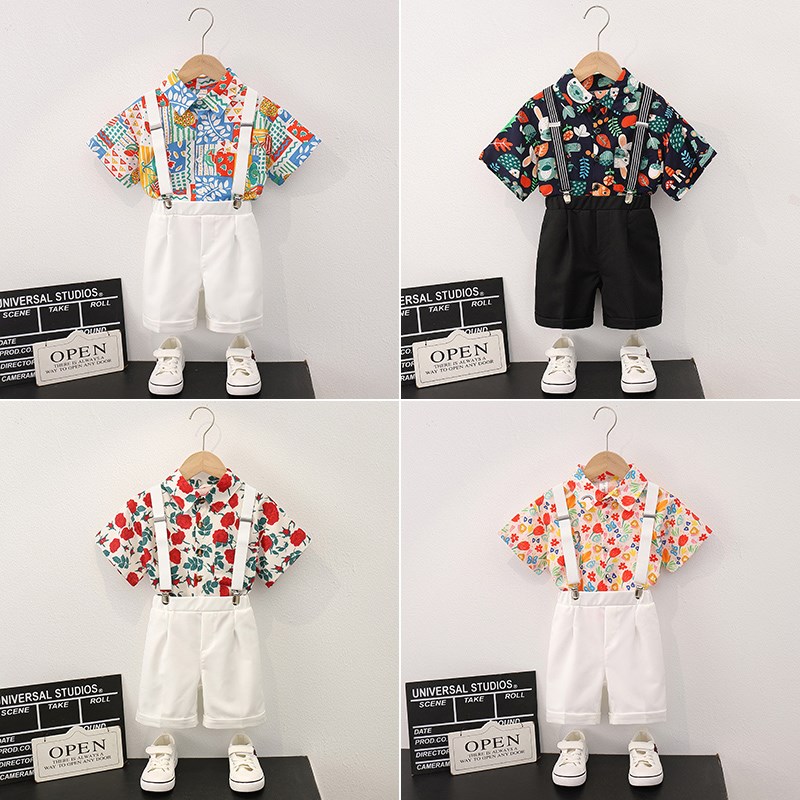 男童背带裤花衬衫套装痞帅儿童短袖礼服西装六一演出服宝宝套装夏