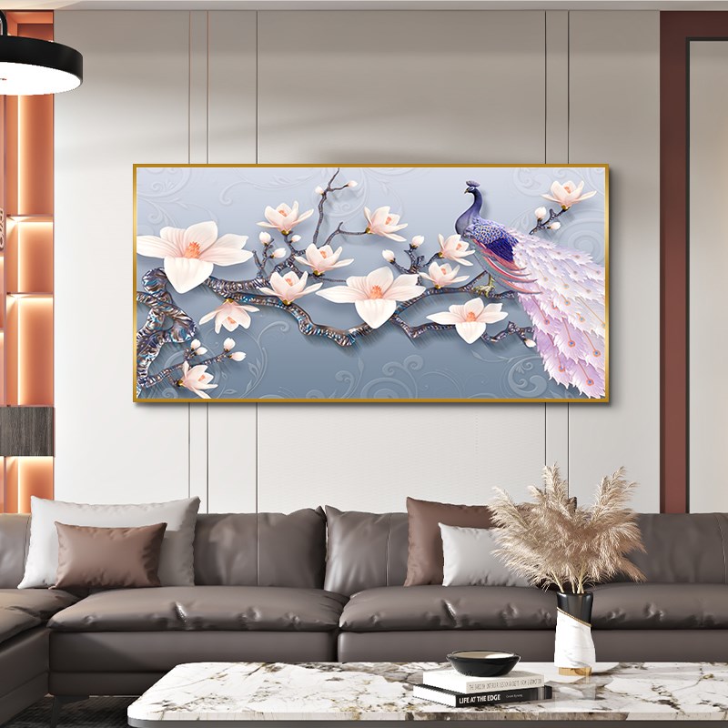 孔雀挂画新中式客厅沙发背景墙装饰画高级感卧室床头艺术晶瓷画图片