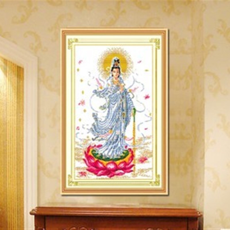 滴水观音十字绣坐莲观音莲花菩萨全绣满绣丝线大幅南海观世音刺绣