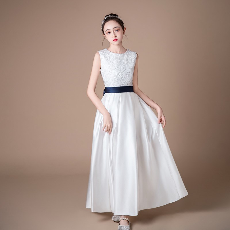 女童白色缎面礼服夏秋钢琴演奏主持人演出服儿童公主管弦乐团合唱