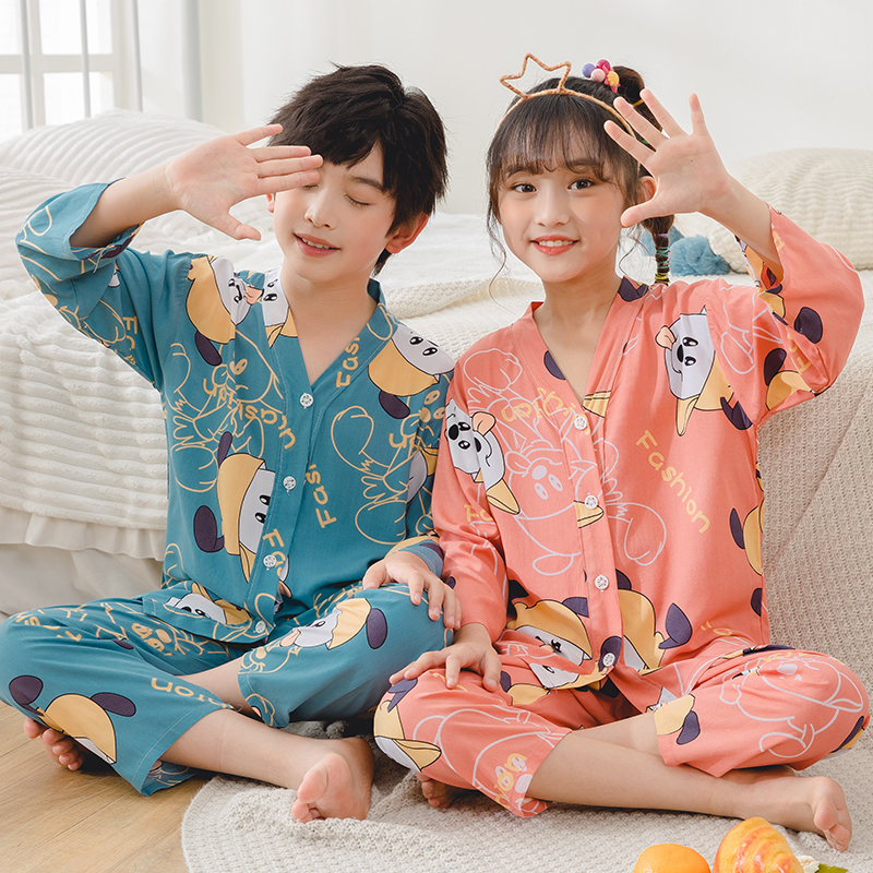夏季儿童棉绸睡衣宝宝女童绵绸小男孩长袖套装大男童薄空调家居服