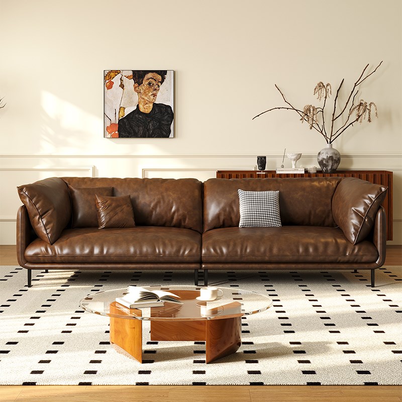 意式复古油蜡HUG怀抱沙发客厅极G简做旧棕色直排三人位小户型