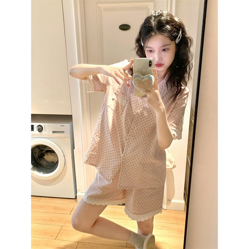 甜美小翻领蕾丝花边棉纱睡衣女款夏季温柔碎花短袖开衫家居服套装