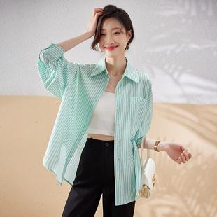 设计感小众薄款 2025新款 女夏季 新款 宽松中高品 POLO领绿色条纹衬衫