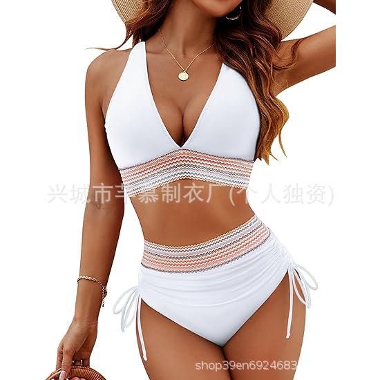 2025新款新款欧美外贸新款泳衣女士分体性感比基尼高腰遮肚挂脖紧