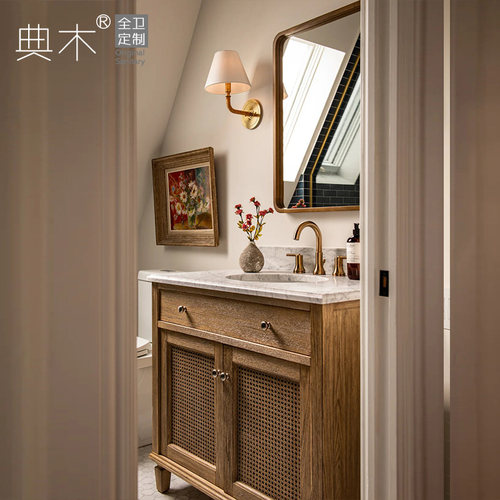 法式覆古浴室柜橡木卫生间洗脸洗手台盆柜组合大理石洗漱台一体盆