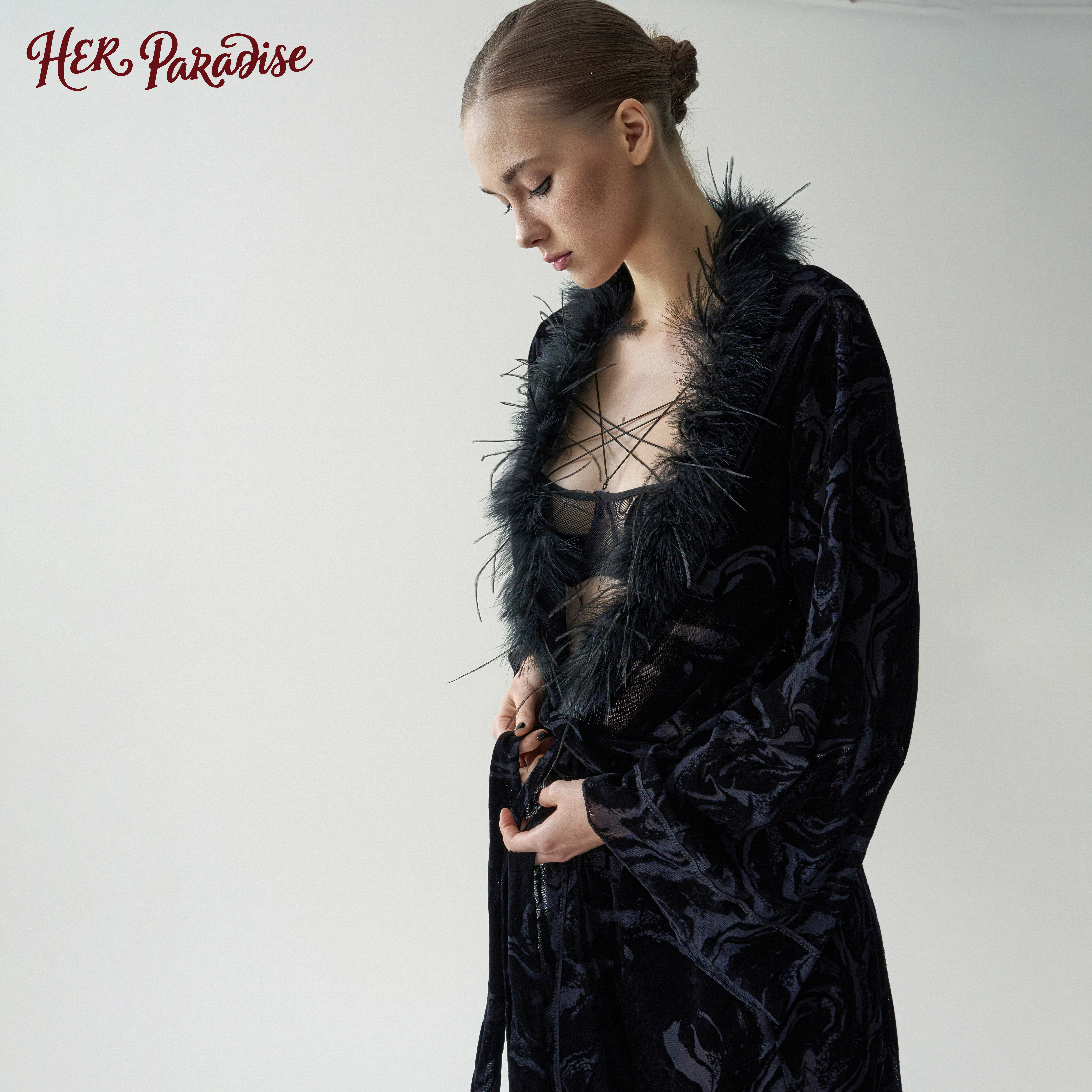 「羽夜」黑色性感睡袍浴袍家居服晨袍女丝绒提花真鸵鸟毛小众外穿