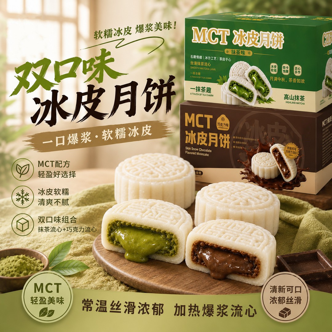 流心爆浆巧克力冰皮月饼抹茶月饼中秋送礼礼盒下午茶零食糕点甜点