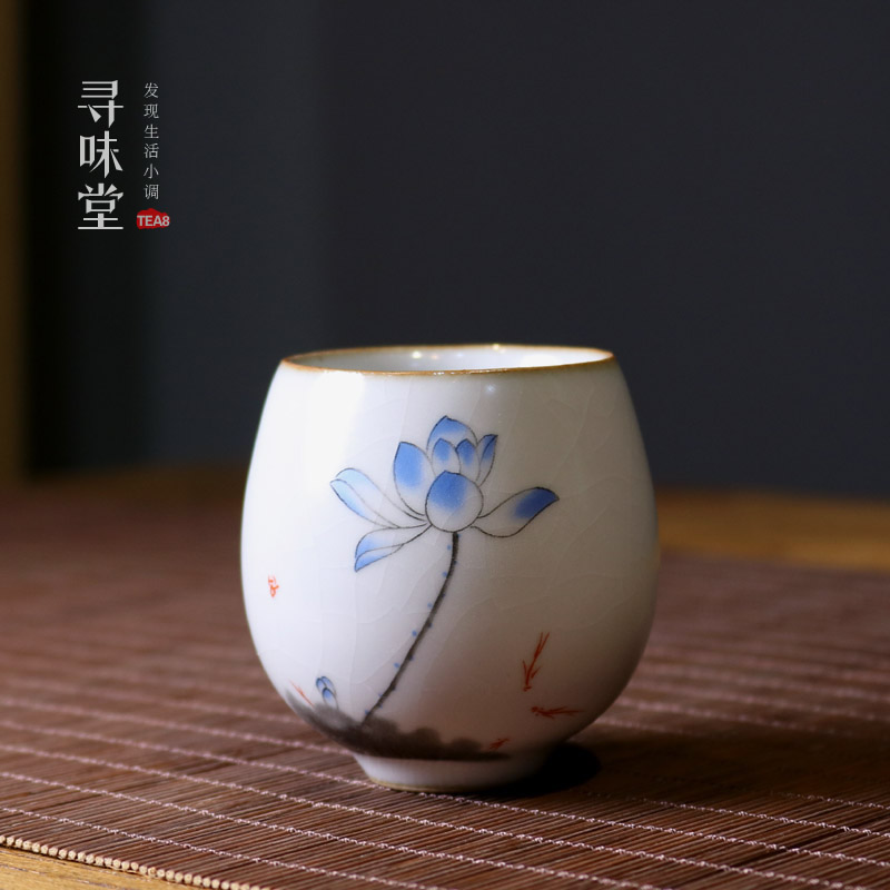 月白汝窑戏荷品茗杯寻味堂复古小茶杯开片汝陶茶盏家用功夫茶具