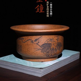 圆口形金钟精品紫砂花盆花鸟图唯珍手工柴烧小盆景盆栽多肉菖蒲盆