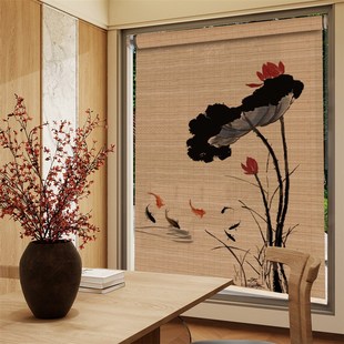 复古免打孔竹帘卷帘茶室书房遮光床窗帘阳台装 中式 饰背景帘子隔断