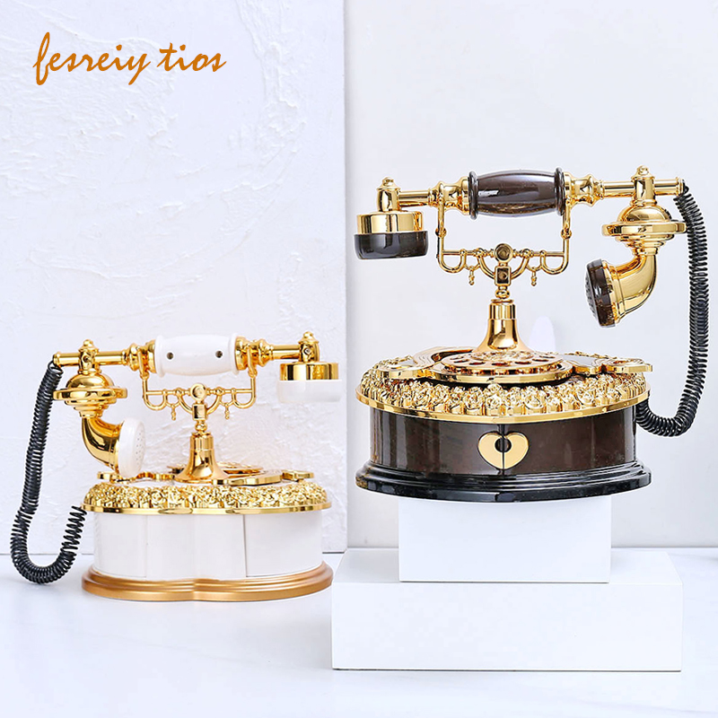 复古老式拨盘电话机八音盒欧式电话收纳音乐盒酒吧咖啡厅摆件