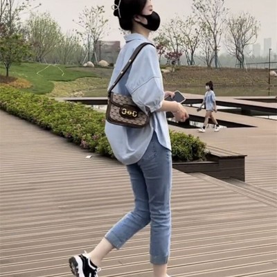 成套搭配女装2023春装新款洋气设计感休闲衬衫九分牛仔裤两件套装