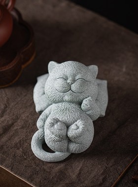 可爱治愈系小猫咪高枕无忧茶宠摆件禅意萌猫鱼缸造景书房镇纸装饰