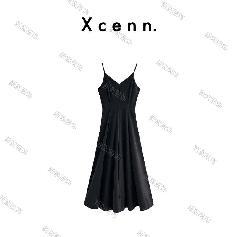 【新宸Xcenn】黑天鹅简约高级感黑色连衣裙吊带长裙XC0A0523