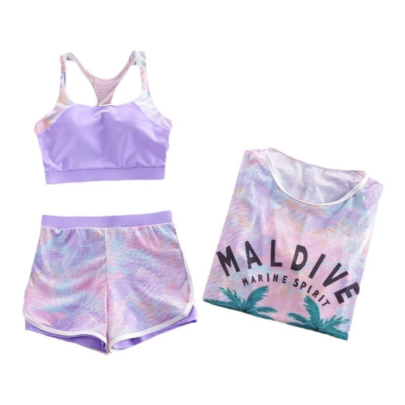 女童泳衣中大童三件套10儿童分体游泳衣12女孩平角裤泳装学生13岁