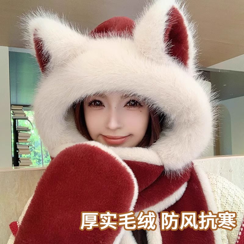 高级安可拉红色毛绒帽子围巾一体女款秋冬季骑车保暖护耳2025新款
