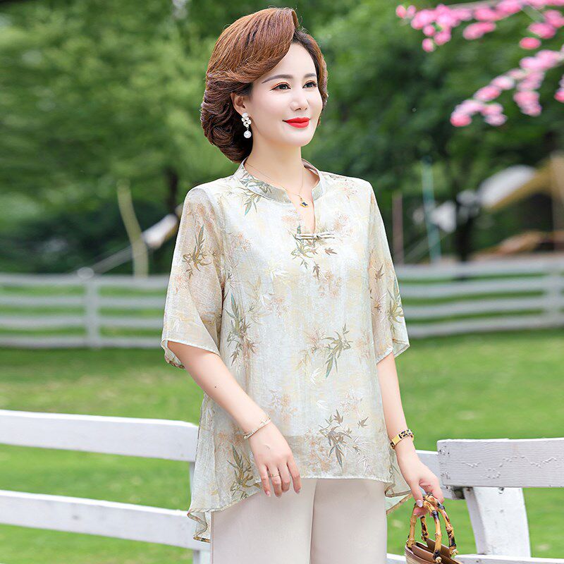 妈妈夏装新中式套装洋气中年女短袖t恤衫中老年人时尚复古两件套,女装/女士精品,中老年女装,淘宝优惠券,粉丝福利购,淘宝优惠卷