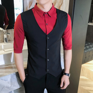 马甲衬衫假两件套男款七分袖夏季酒吧工作服装KTV中短袖衬衣背心