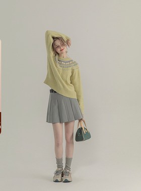 三十三【学院station】灰色百褶短裙女夏季新款宽松高腰a字半身裙