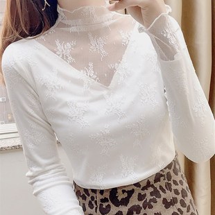 白色高领蕾丝打底衫女加绒内搭小衫秋冬洋气毛衣内衬蕾丝加厚上衣