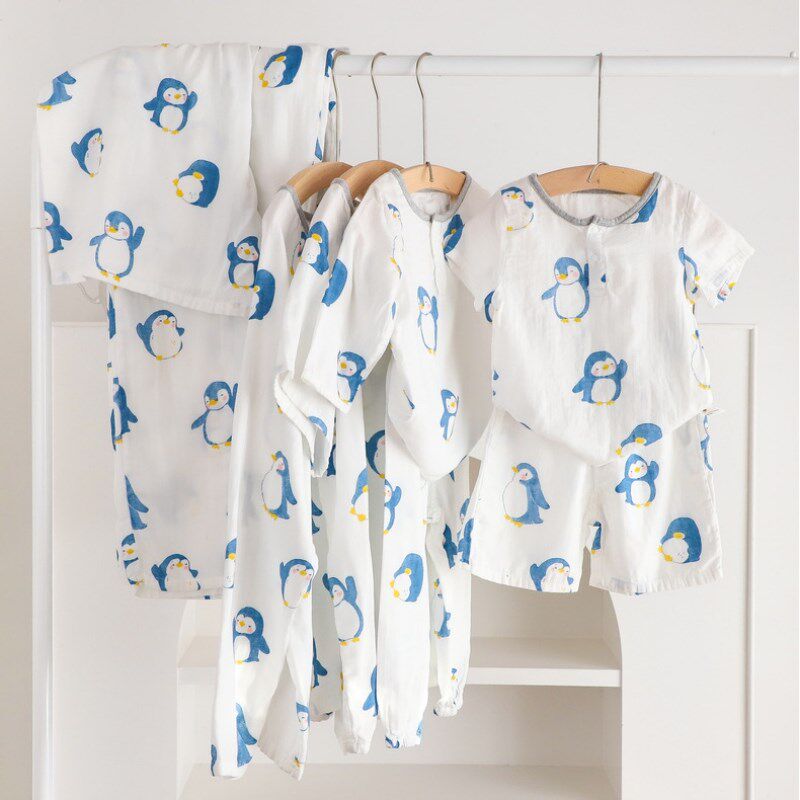 宝宝睡衣夏季薄款竹棉纱布宝宝短袖长裤空调服男女儿童家居服套装