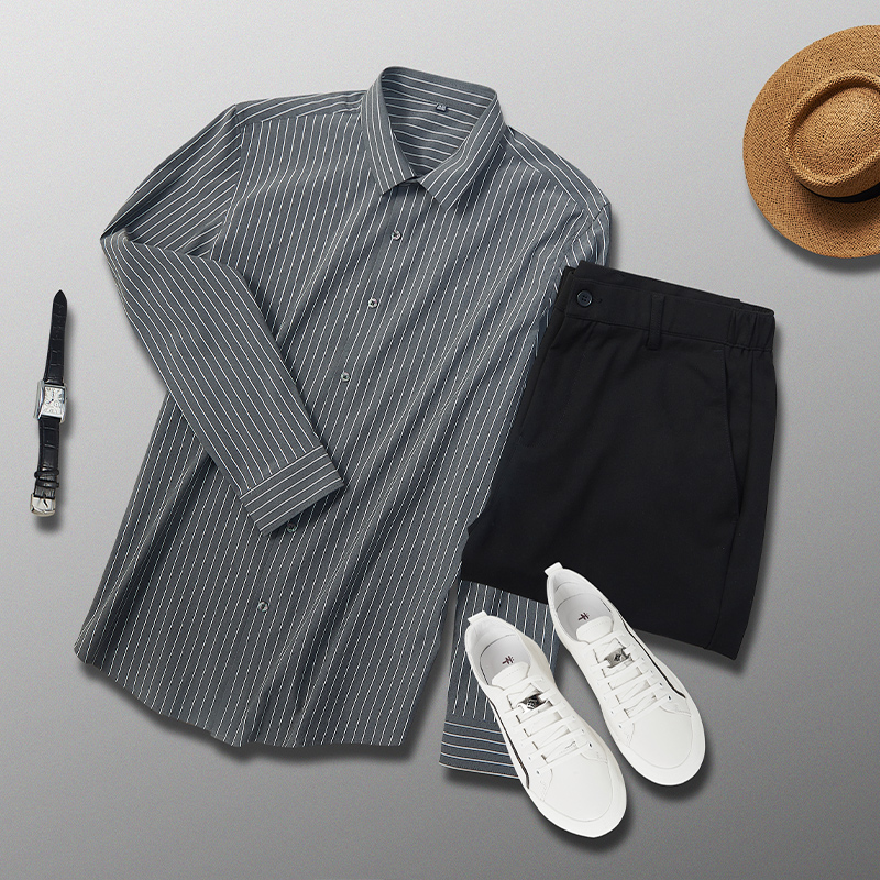 衬衫男长袖高级感条纹衬衣黑色西装裤商务正装套装两件套西裤男