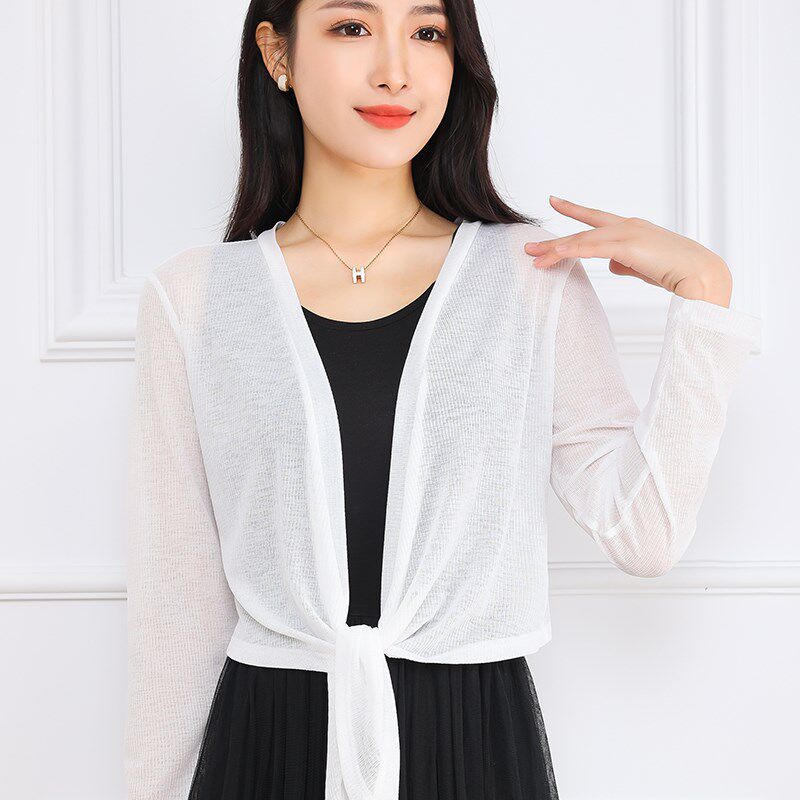 夏季轻薄罗纹配吊带裙的上衣小外搭长袖开衫披肩女士罩衫空调防晒