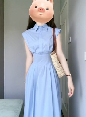 XZY/欣争艳 胖mm法式气质蓝色衬衫无袖连衣裙女夏高级感收腰长裙